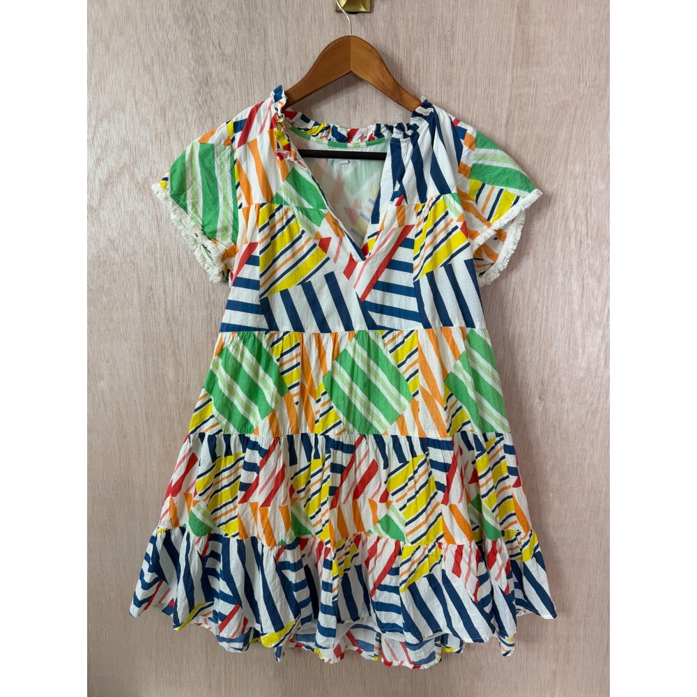 THML XS Colorful Geometric Striped Tiered Mini Dress V-Neck Ruffle Fringe Trim